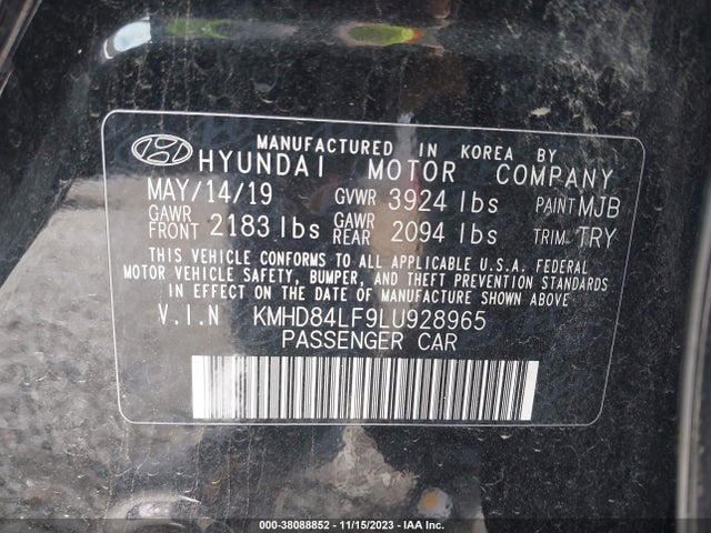 2020 HYUNDAI ELANTRA SEL VIN: KMHD84LF9LU928965