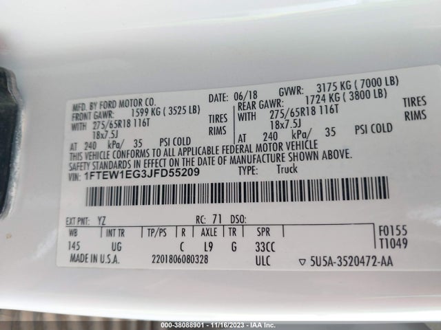 2018 FORD F-150 XLT VIN: 1FTEW1EG3JFD55209