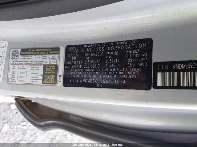2016 KIA SEDONA LX VIN: KNDMB5C16G6131874