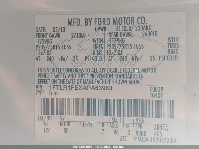 2010 FORD RANGER XL VIN: 1FTLR1FEXAPA63983