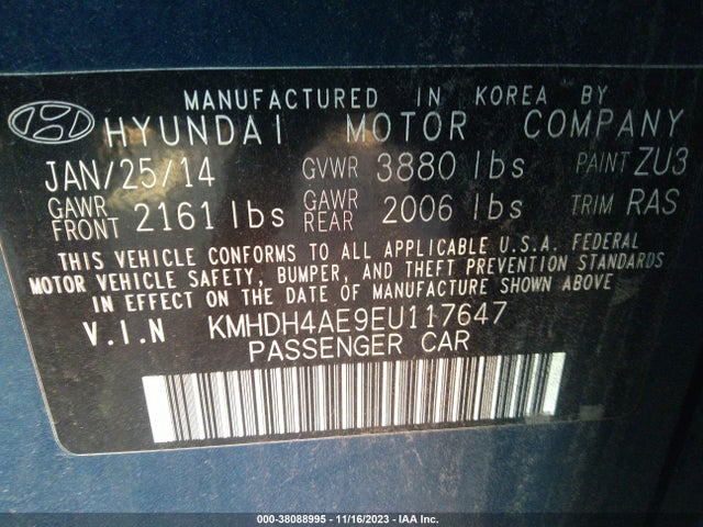 2014 HYUNDAI ELANTRA SE (ULSAN PLANT) VIN: KMHDH4AE9EU117647
