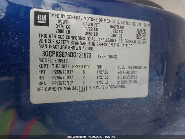 2013 CHEVROLET SILVERADO 1500 LT VIN: 3GCPKSE73DG121875