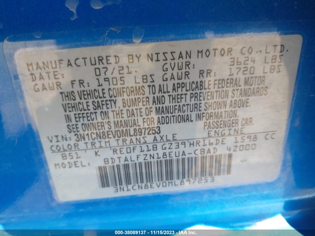 2021 NISSAN VERSA SV XTRONIC CVT VIN: 3N1CN8EV0ML897253
