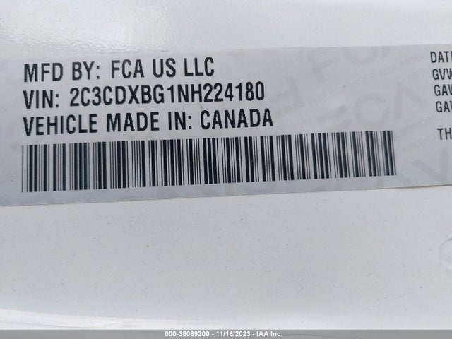 2022 DODGE CHARGER SXT RWD VIN: 2C3CDXBG1NH224180