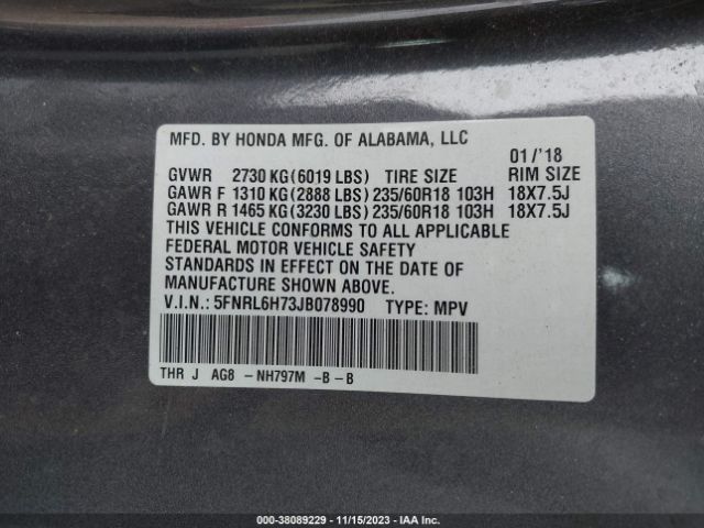 5FNRL6H73JB078990 Honda Odyssey Ex-l