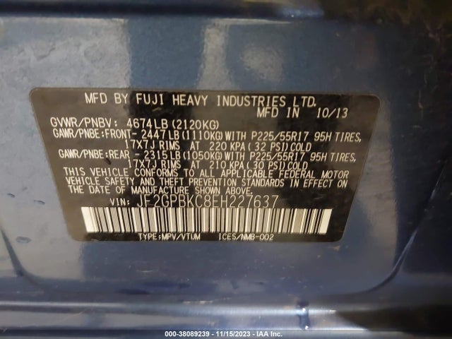 2014 SUBARU XV CROSSTREK HYBRID 2.0I HYBRID TOURING VIN: JF2GPBKC8EH227637