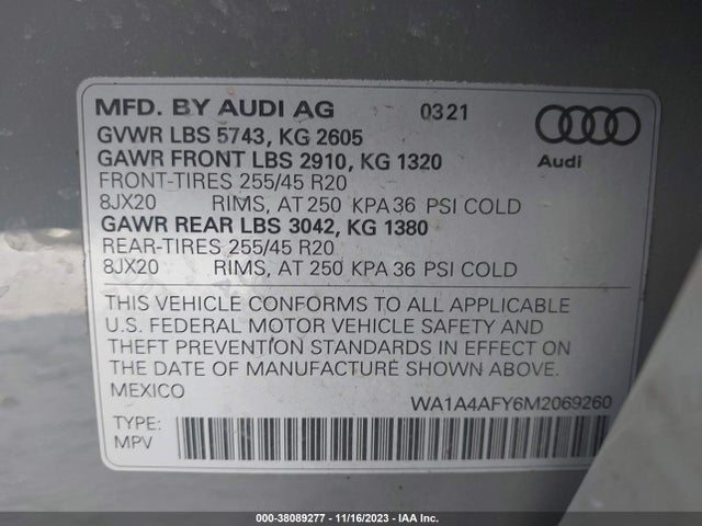 2021 AUDI SQ5 PREMIUM TFSI QUATTRO TIPTRONIC VIN: WA1A4AFY6M2069260