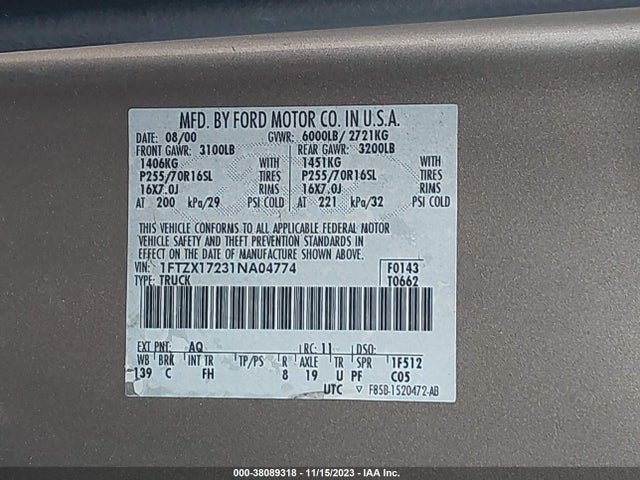 2001 FORD F-150 XL/XLT VIN: 1FTZX17231NA04774