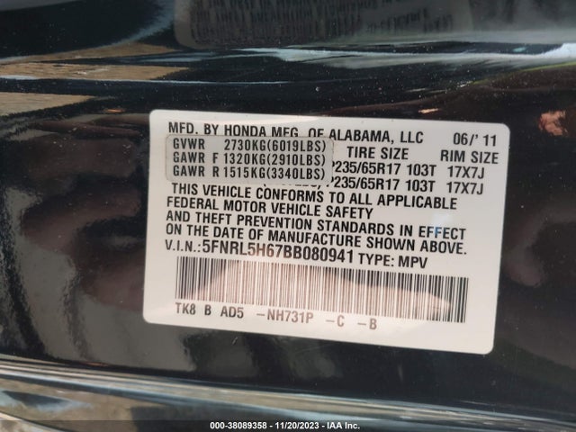 2011 HONDA ODYSSEY EX-L VIN: 5FNRL5H67BB080941