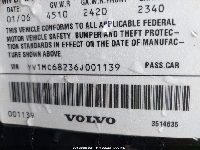 2006 VOLVO C70 T5 VIN: YV1MC68236J001139