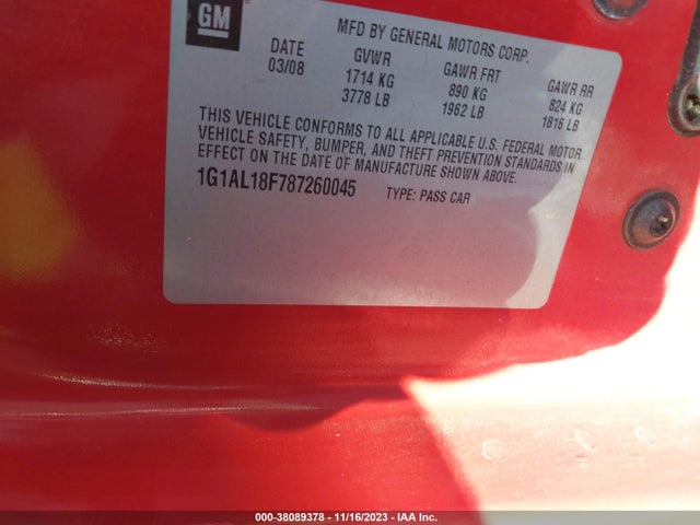 2008 CHEVROLET COBALT LT VIN: 1G1AL18F787260045