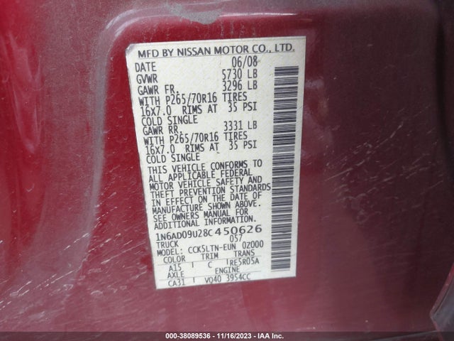2008 NISSAN FRONTIER SE VIN: 1N6AD09U28C450626