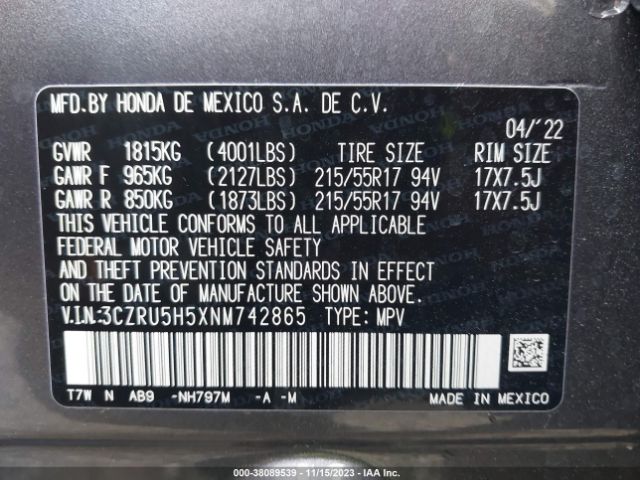 3CZRU5H5XNM742865 Honda Hr-v 2wd Ex