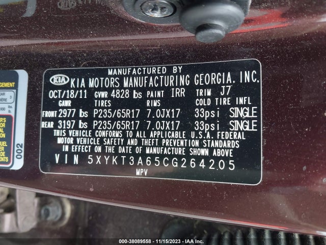 2012 KIA SORENTO LX VIN: 5XYKT3A65CG264205