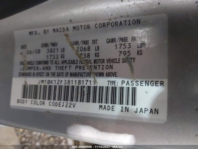 2008 MAZDA MAZDA3 I SPORT VIN: JM1BK12F381181711