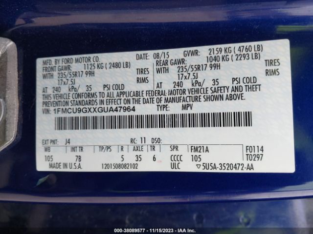 1FMCU9GXXGUA47964 Ford ESCAPE SE