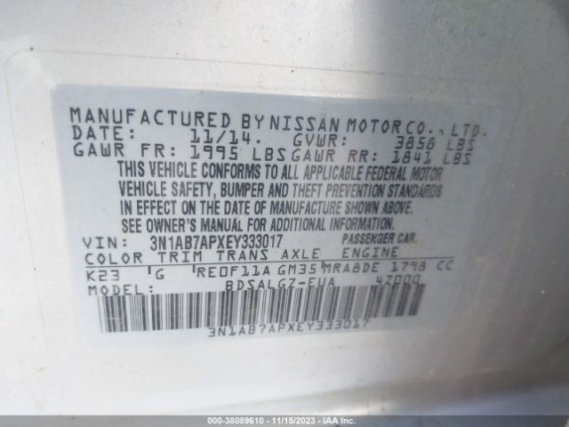 3N1AB7APXEY333017 Nissan SENTRA SL