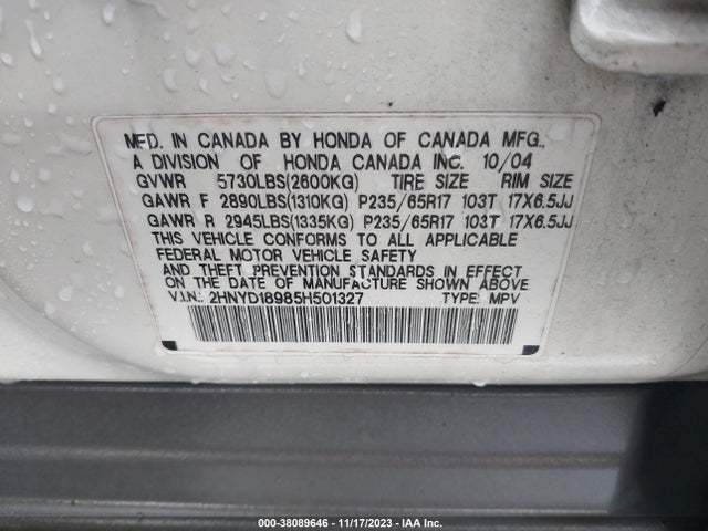 2005 ACURA MDX VIN: 2HNYD18985H501327