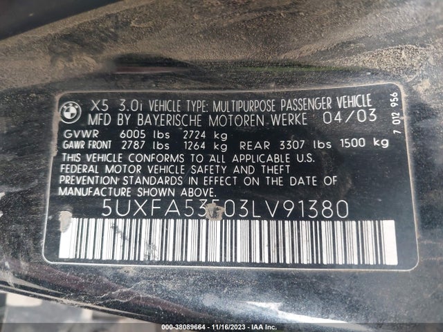 2003 BMW X5 3.0I VIN: 5UXFA53503LV91380
