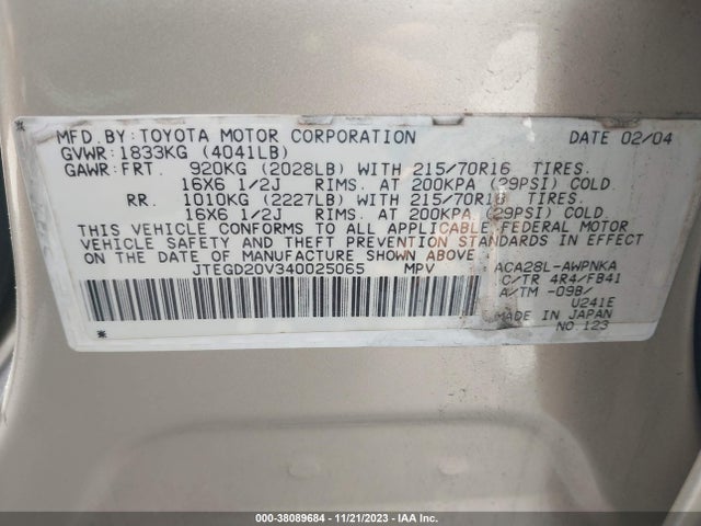 2004 TOYOTA RAV4 VIN: JTEGD20V340025065