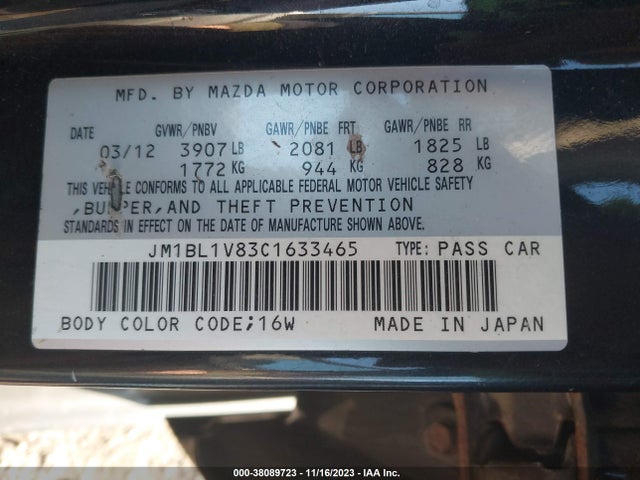 2012 MAZDA MAZDA3 I TOURING VIN: JM1BL1V83C1633465