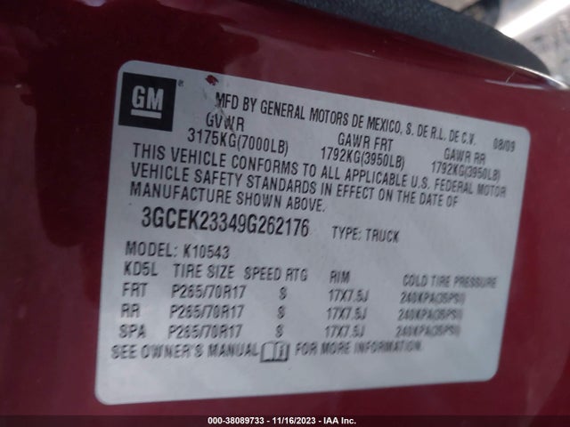 2009 CHEVROLET SILVERADO 1500 LT VIN: 3GCEK23349G262176
