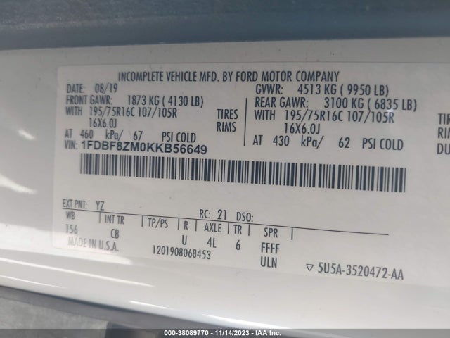 Ford Transit-350 Cab 2019 1FDBF8ZM0KKB56649 Image 9
