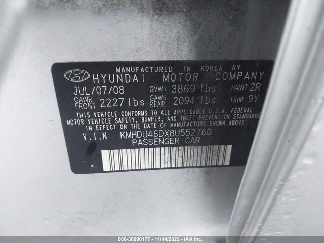 2008 HYUNDAI ELANTRA GLS/SE VIN: KMHDU46DX8U552760