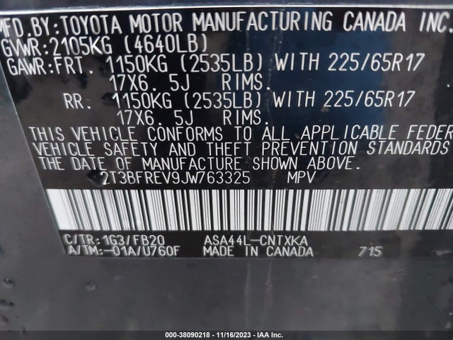 2018 TOYOTA RAV4 LE VIN: 2T3BFREV9JW763325
