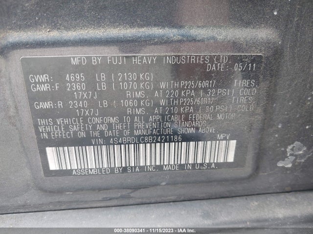 2011 SUBARU OUTBACK 3.6R LIMITED VIN: 4S4BRDLC8B2421186