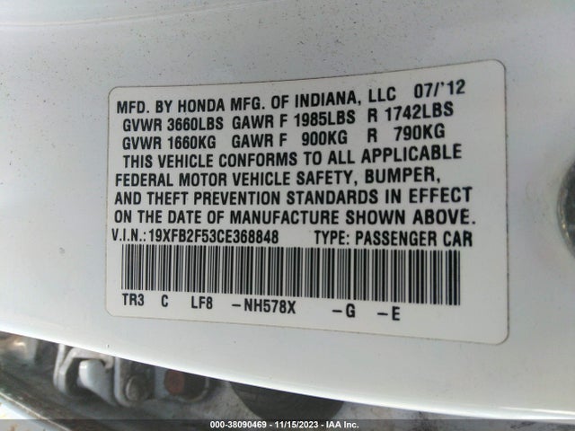 Aukcja sprzedaży 2012 Honda Civic Lx, vin: 19XFB2F53CE368848, numer aukcji: 38090469