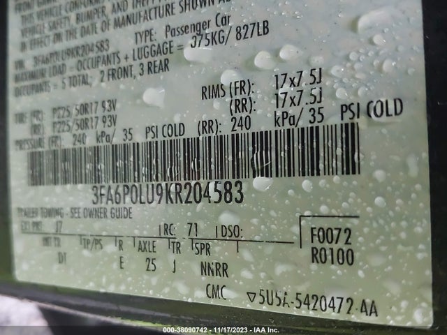 Ford Fusion Hybrid Se 2019 3FA6P0LU9KR204583 Image 9