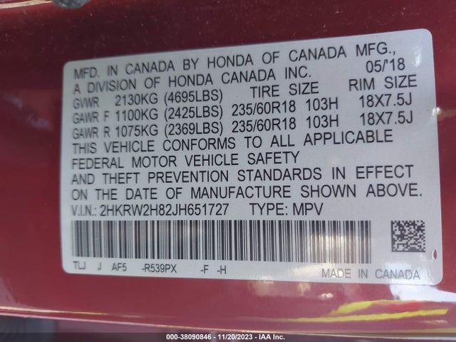 Honda Cr-v Ex-l 2018 2HKRW2H82JH651727 Image 9