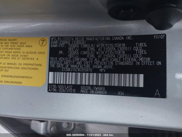2008 LEXUS RX 350 VIN: 2T2GK31U78C050810