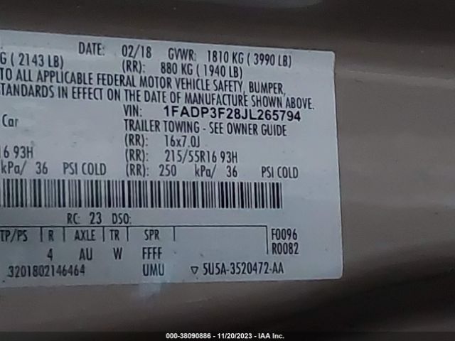 1FADP3F28JL265794 Ford FOCUS SE