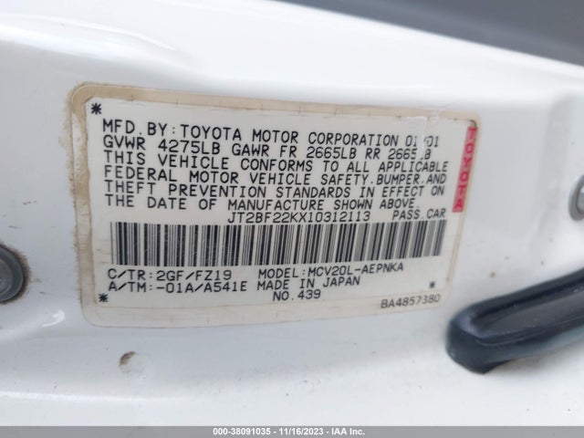 2001 TOYOTA CAMRY VIN: JT2BF22KX10312113