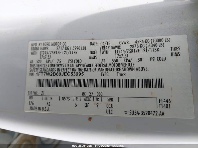 2018 FORD F-250 XL VIN: 1FT7W2B60JEC53995
