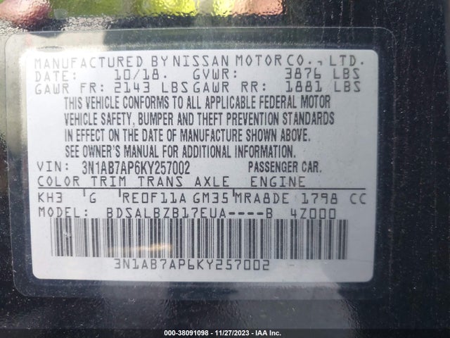 2019 NISSAN SENTRA S VIN: 3N1AB7AP6KY257002