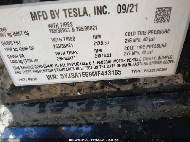 Tesla Model S Plaid Tri Motor All-wheel Drive 2021 5YJSA1E69MF443165 Image 9