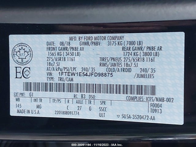 Ford F-150 Xlt 2018 1FTEW1E54JFD98875 Image 9