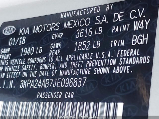 3KPA24AB7JE096837 KIA RIO S