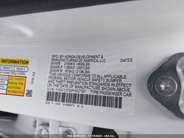 1HGCY2F83PA027567 Honda Accord Hybrid Touring