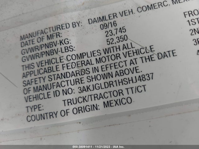 2017 Freightliner Cascadia 125 მანქანა იყიდება აუქციონზე, vin: 3AKJGLDR1HSHJ4837, აუქციონის ნომერი: 38091411