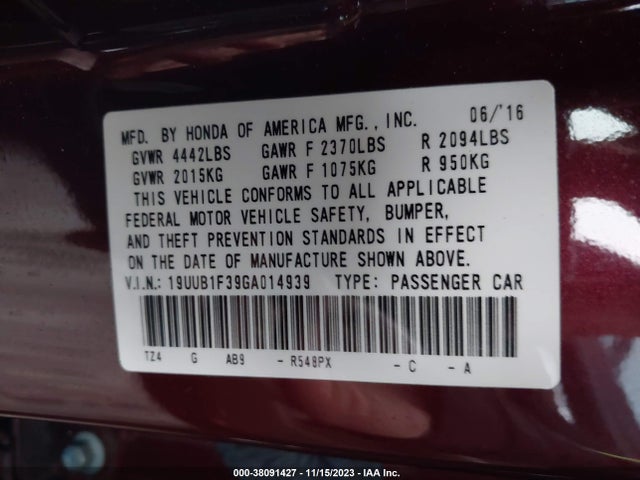 Acura TLX 2016 19UUB1F39GA014939 Image 9