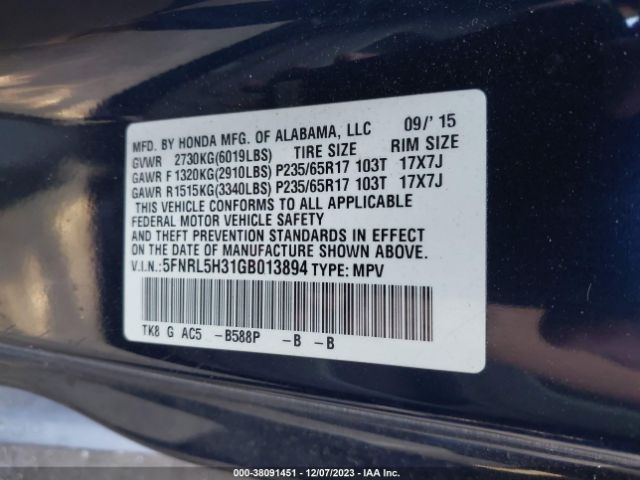 5FNRL5H31GB013894 Honda ODYSSEY SE