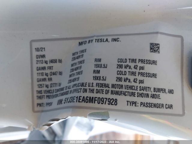 5YJ3E1EA6MF097928 Tesla Model 3 Standard Range Plus Rear-wheel Drive