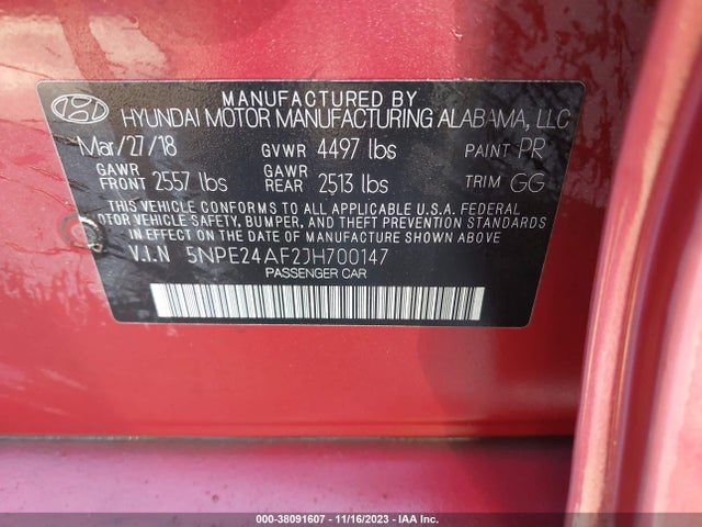 2018 HYUNDAI SONATA SE VIN: 5NPE24AF2JH700147