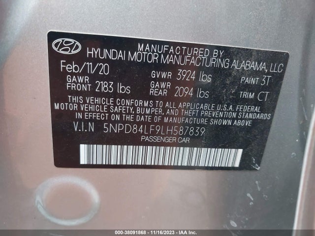 2020 HYUNDAI ELANTRA SEL VIN: 5NPD84LF9LH587839