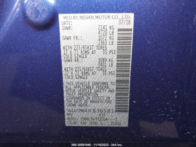 2018 NISSAN ROGUE SV VIN: 5N1AT2MV4JC836581