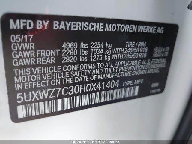 Aukcja sprzedaży 2017 Bmw X3 Sdrive28i, vin: 5UXWZ7C30H0X41404, numer aukcji: 38092061
